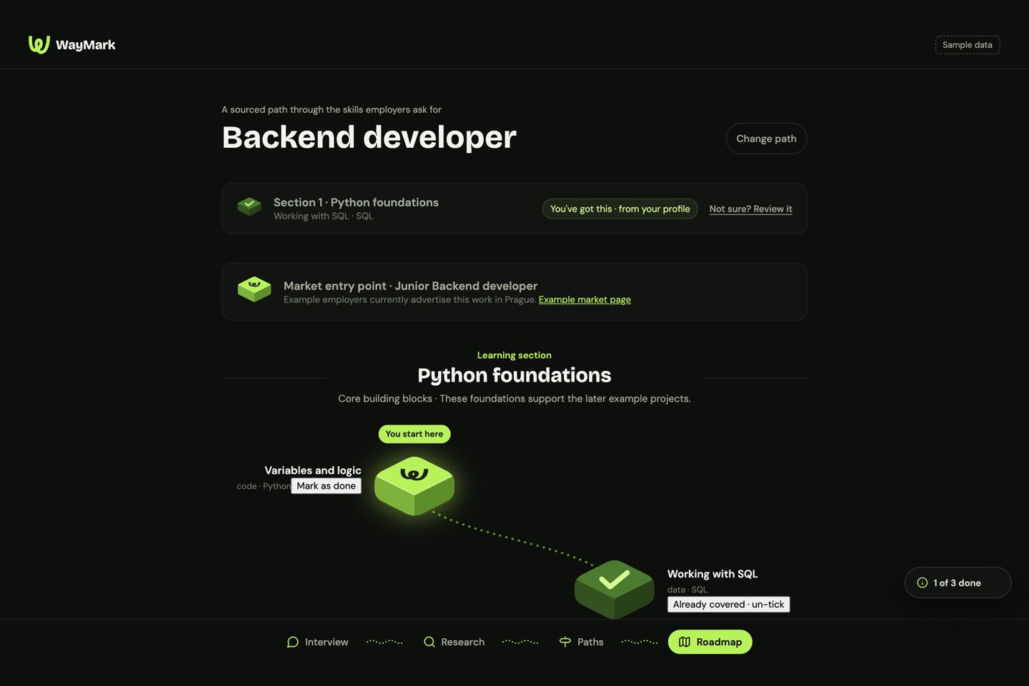 Isometric learning roadmap on sample data for a backend developer path, with chapter tiles