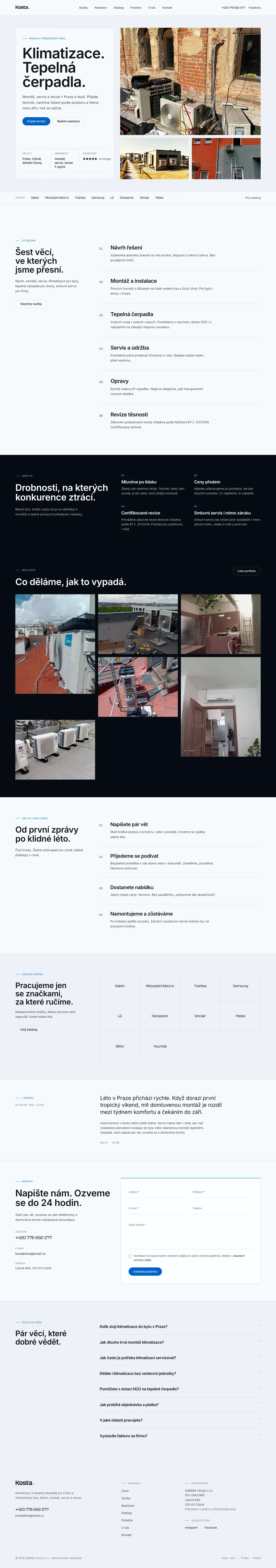Domovská stránka Kosta Klima s technickou mřížkou, velkým českým nadpisem a fotografiemi skutečných instalací klimatizací