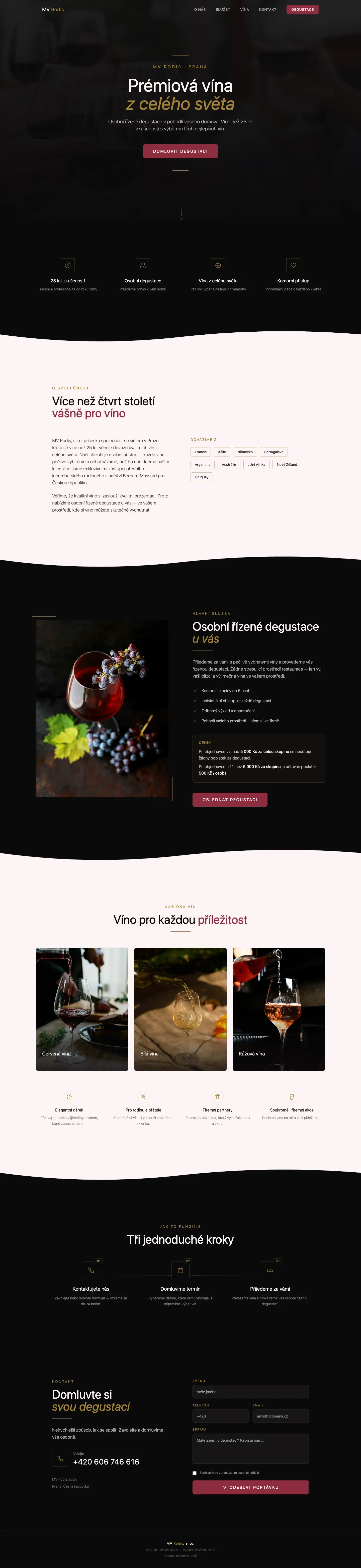 Domovská stránka vinného butiku MV Rodis s tmavou fotografií vína, vínovými ovládacími prvky a zlatou typografií