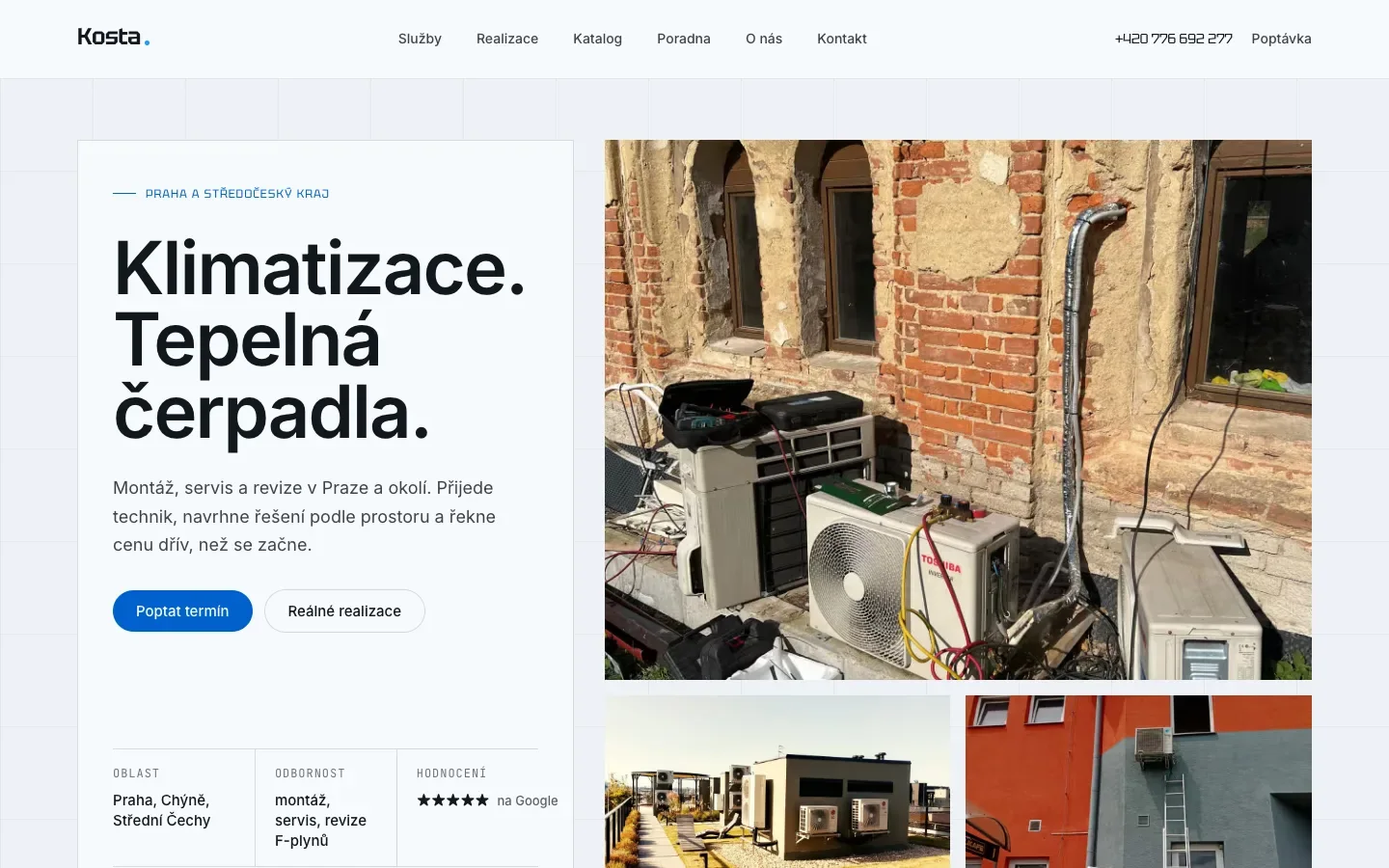 Domovská stránka Kosta Klima s technickou mřížkou, velkým českým nadpisem a fotografiemi skutečných instalací klimatizací