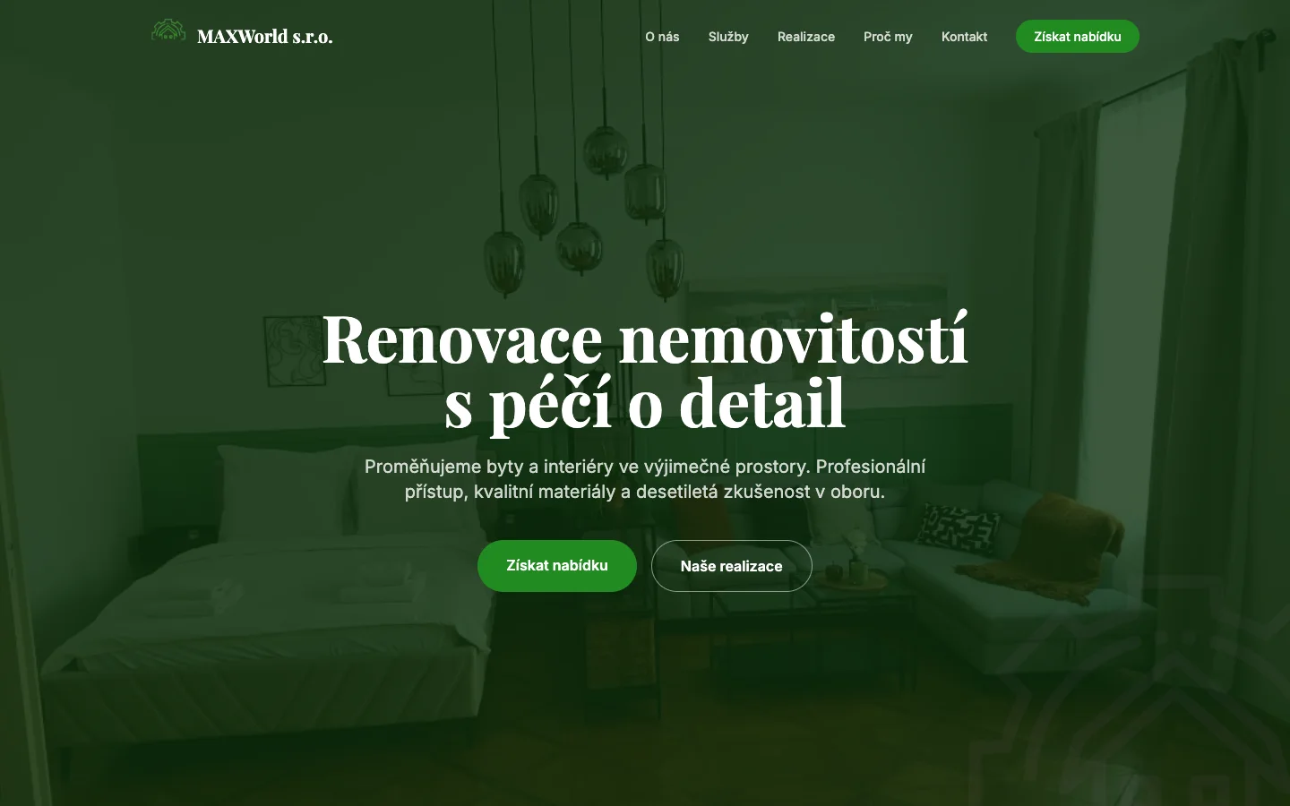 MAXWorld homepage with a deep green photographic hero for an interior renovation company