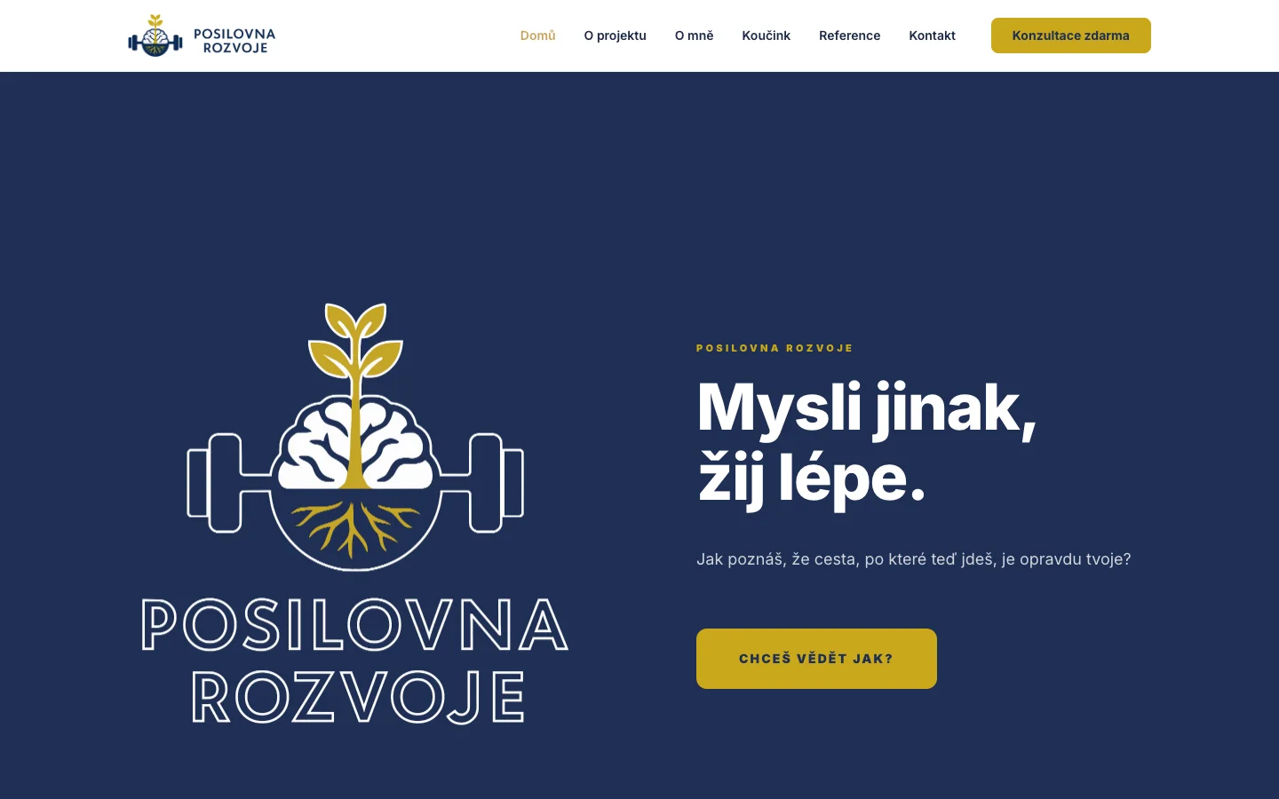 Posilovna rozvoje homepage in navy and gold with the headline Mysli jinak, žij lépe